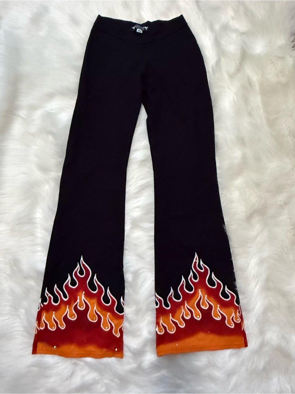 Carrie Daway Handmade V-Waist Y2K Rhinestone Flames Flare Pants - Size XL